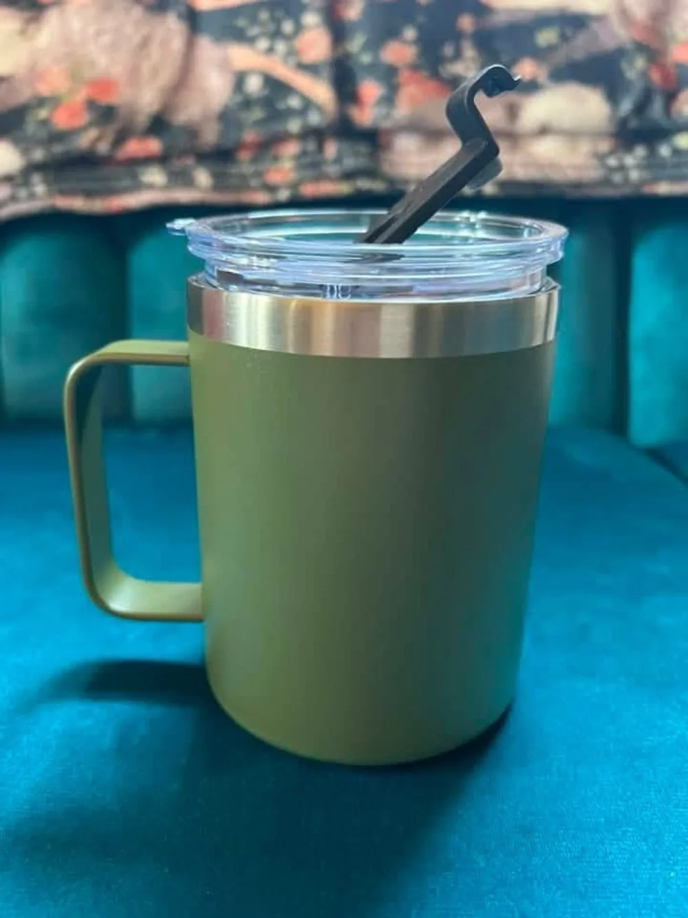 Insulated Olive Green Travel Mug with Handle and Clear Lid